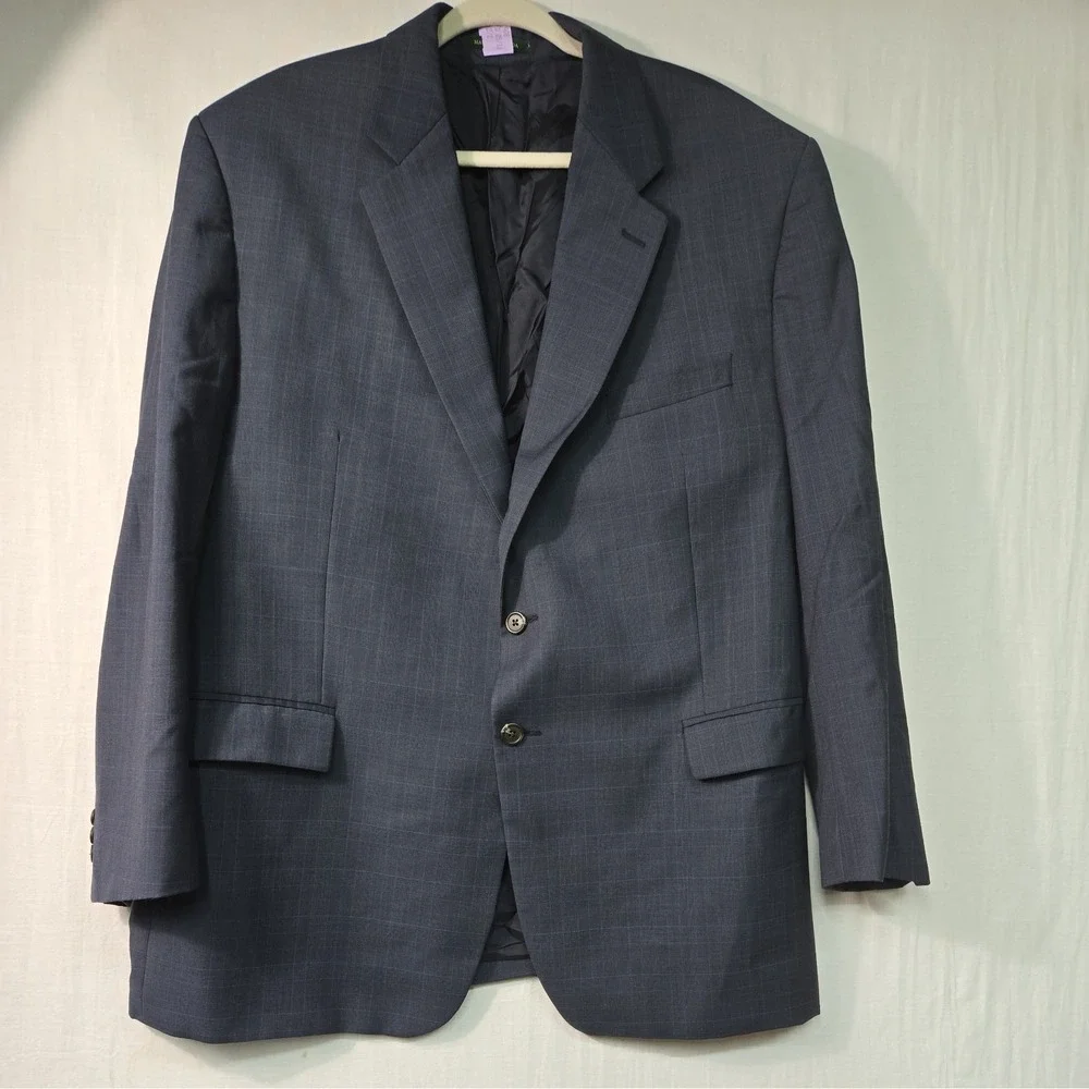 Lauren Ralph Men's Blue Windowpane 2 Button Blazer Sport Coat 50R 100% Wool